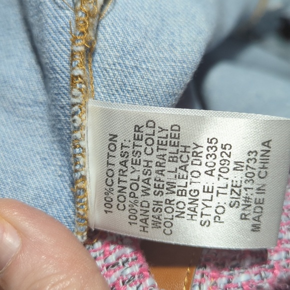 Umgee Tweed Jacket Pink/ Blue Denim Fringe Hem Cotton Hippie Festival Sz M - Picture 10 of 11